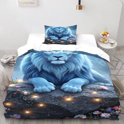 DICVXST 3D Gedruckt Blauer Löwe mit Feenlichtern Bettwäsche Set Jugendliche Kind Band Bettwäsche 2er Set Weiche Kissenbezüge Mit ReißVerschluss Soft Single（135x200cm） von DICVXST