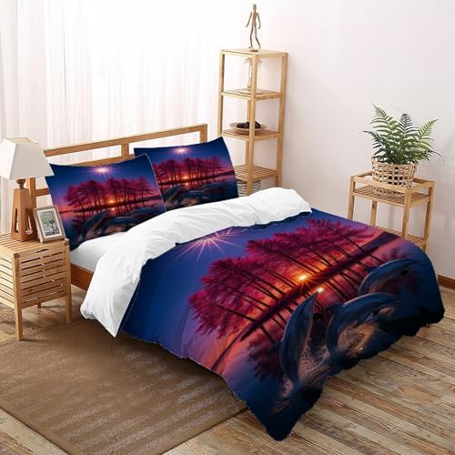 DICVXST 3D Gedruckt Delfine auf Sunset Island Bettwäsche Set Kinder Band Bettwäsche 3er Set Mikrofaser Kissenbezüge Mit ReißVerschluss Soft Super King（260x220cm） von DICVXST