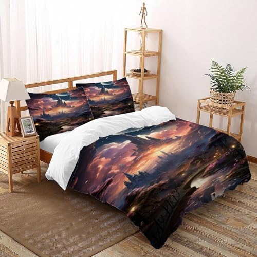 DICVXST 3D Gedruckt Fantasy Schloss unter Mondlicht Bettwäsche Set Jugendliche Kind Band Bettwäsche 3er Set Microfaser Kissenbezüge Mit ReißVerschluss Soft Super King（260x220cm） von DICVXST