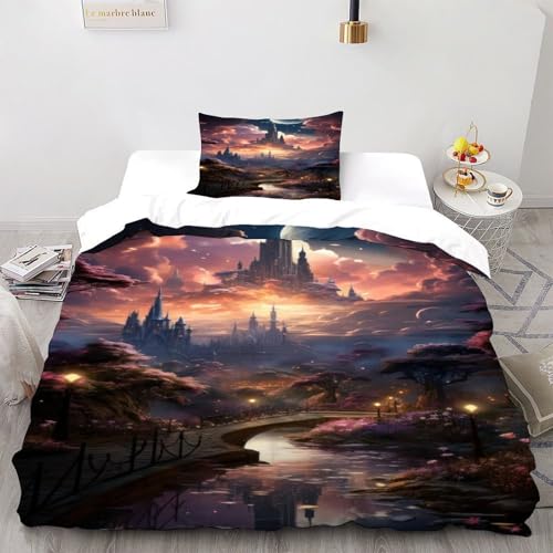 DICVXST 3D Gedruckt Fantasy Schloss unter Mondlicht Bettwäsche Set Junge Mädchen Band Bettwäsche 2er Set Weiche Kissenbezüge Mit ReißVerschluss Soft Single（135x200cm） von DICVXST