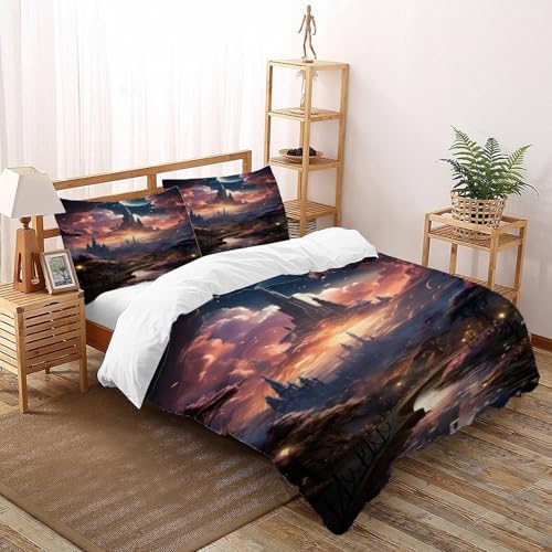DICVXST 3D Gedruckt Fantasy Schloss unter Mondlicht Bettwäsche Set Junge Mädchen Band Bettwäsche 3er Set Mikrofaser Kissenbezüge Mit Reißverschluss Double（200x200cm） von DICVXST