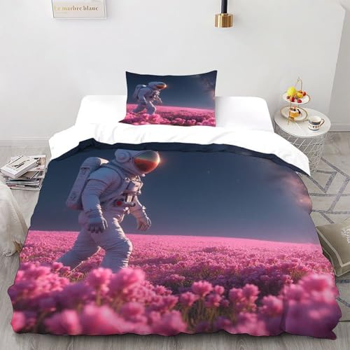 DICVXST 3D Gedruckt Floral Astronaut Bettwäsche Set Junge Mädchen Band Bettwäsche 2er Set Mikrofaser Kissenbezüge Mit Reißverschluss Single（135x200cm） von DICVXST