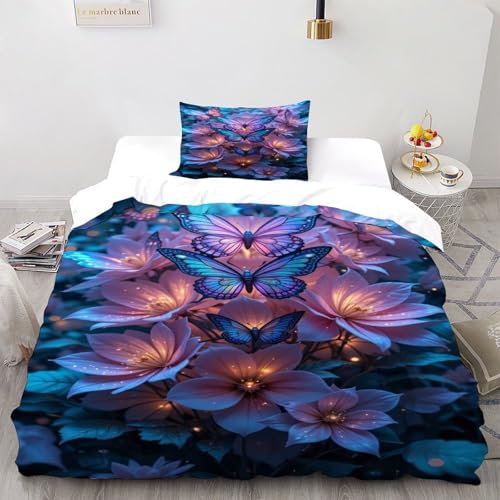 DICVXST 3D Gedruckt Glühende Schmetterlinge und Blumen Bettwäsche Set Junge Mädchen Band Bettwäsche 2er Set Mikrofaser Kissenbezüge Mit Reißverschluss Single（135x200cm） von DICVXST