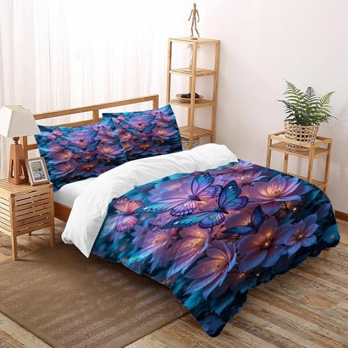 DICVXST 3D Gedruckt Glühende Schmetterlinge und Blumen Bettwäsche Set Kinder Band Bettwäsche 3er Set Microfaser Kissenbezüge Mit ReißVerschluss Soft Double（200x200cm） von DICVXST
