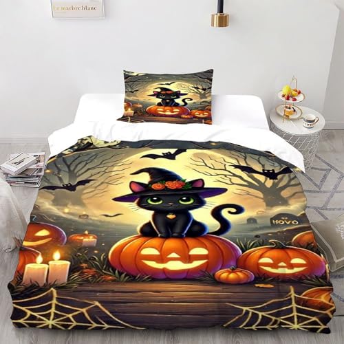 DICVXST 3D Gedruckt Halloween Katze Bettwäsche Set Junge Mädchen Band Bettwäsche 2er Set Microfaser Kissenbezüge Mit ReißVerschluss Soft Single（135x200cm） von DICVXST