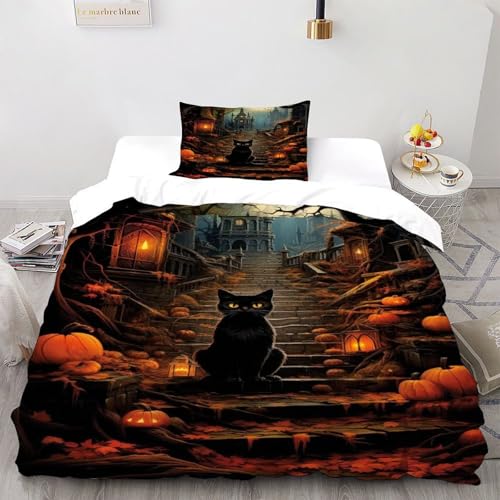DICVXST 3D Gedruckt Halloween Katze auf der Treppe Bettwäsche Set Junge Mädchen Band Bettwäsche 2er Set Modern Kissenbezüge Mit ReißVerschluss Soft Single（135x200cm） von DICVXST