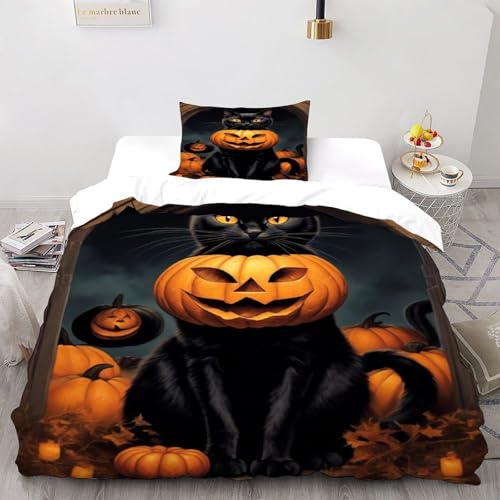DICVXST 3D Gedruckt Halloween Schwarze Katze Bettwäsche Set Jugendliche Kind Band Bettwäsche 2er Set Microfaser Kissenbezüge Mit Reißverschluss Single（135x200cm） von DICVXST