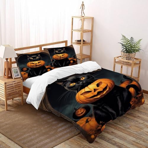 DICVXST 3D Gedruckt Halloween Schwarze Katze Bettwäsche Set Jugendliche Kind Band Bettwäsche 3er Set Mikrofaser Kissenbezüge Mit Reißverschluss Double（200x200cm） von DICVXST