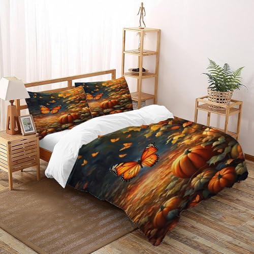 DICVXST 3D Gedruckt Herbst Kürbis Patch mit Schmetterlingen Bettwäsche Set Kinder Band Bettwäsche 3er Set Microfaser Kissenbezüge Mit ReißVerschluss Soft Super King（260x220cm） von DICVXST