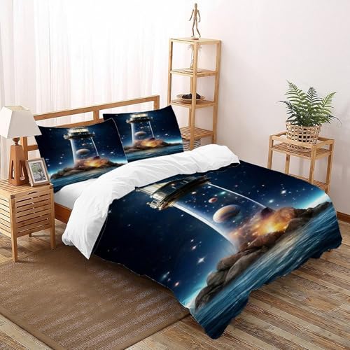 DICVXST 3D Gedruckt Leuchtturm mit Planeten drinnen Bettwäsche Set Kinder Band Bettwäsche 3er Set Mikrofaser Kissenbezüge Mit ReißVerschluss Soft King（220x240cm） von DICVXST