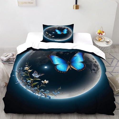 DICVXST 3D Gedruckt Mond Schmetterling Blüte Bettwäsche Set Kinder Band Bettwäsche 2er Set Mikrofaser Kissenbezüge Mit ReißVerschluss Soft Single（135x200cm） von DICVXST
