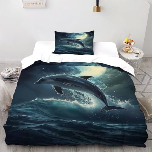 DICVXST 3D Gedruckt Moonlit Dolphin Sprung Bettwäsche Set Junge Mädchen Band Bettwäsche 2er Set Mikrofaser Kissenbezüge Mit Reißverschluss Single（135x200cm） von DICVXST