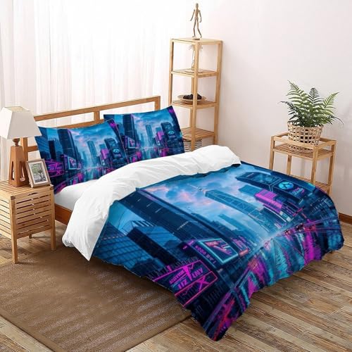 DICVXST 3D Gedruckt Neon Stadt Regen Bettwäsche Set Junge Mädchen Band Bettwäsche 3er Set Mikrofaser Kissenbezüge Mit ReißVerschluss Soft Double（200x200cm） von DICVXST