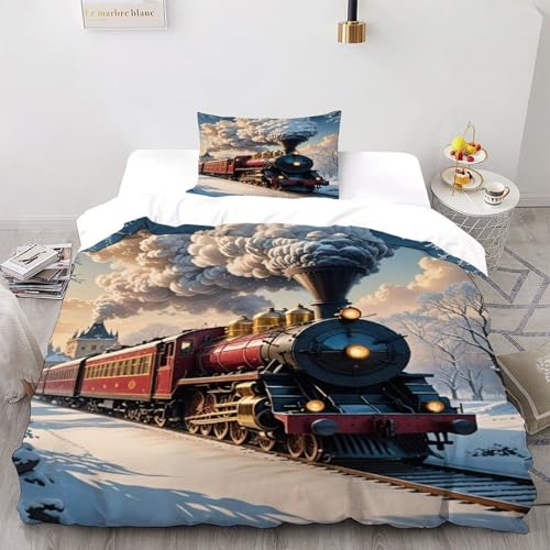 DICVXST 3D Gedruckt Snowy Weihnachtszug Bettwäsche Set Junge Mädchen Band Bettwäsche 2er Set Weiche Kissenbezüge Mit Reißverschluss Single（135x200cm） von DICVXST