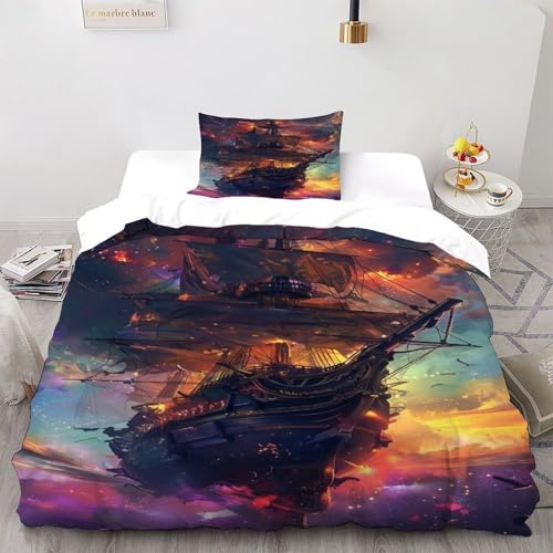 DICVXST 3D Gedruckt Sternenpiratenschiff Bettwäsche Set Jugendliche Kind Band Bettwäsche 2er Set Weiche Kissenbezüge Mit Reißverschluss Single（135x200cm） von DICVXST