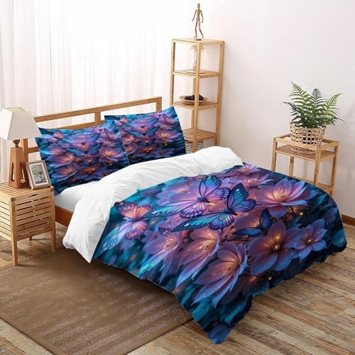 DICVXST 3D Glühende Schmetterlinge und Blumen Bettwäsche Set Junge Mädchen Band Bettwäsche 3er Set Mikrofaser Kissenbezüge Mit ReißVerschluss Soft King（220x240cm） von DICVXST