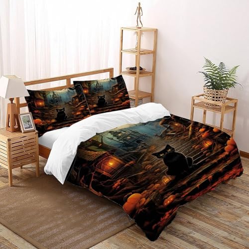 DICVXST 3D Halloween Katze auf der Treppe Bettbezug Set Junge Mädchen Band Bettwäsche 3er Set Microfaser Kissenbezüge Mit ReißVerschluss Soft Super King（260x220cm） von DICVXST