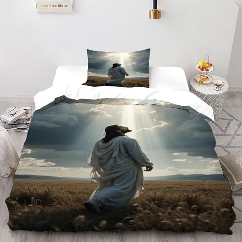 DICVXST 3D Jesus unter himmlischem Licht Bettwäsche Set Jugendliche Kind Band Bettwäsche 2er Set Weiche Kissenbezüge Mit ReißVerschluss Soft Single（135x200cm） von DICVXST