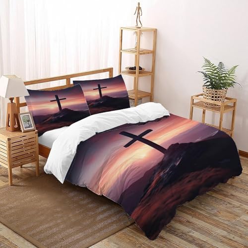 DICVXST 3D Kreuz auf dem Berg bei Sonnenuntergang Bettwäsche-Sets Junge Mädchen Band Bettwäsche 3er Set Microfaser Kissenbezüge Mit ReißVerschluss Soft Super King（260x220cm） von DICVXST
