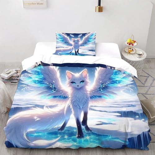 DICVXST 3D Kristallgeflügelter Arktischer Fuchs Bettwäsche Set Jugendliche Kind Band Bettwäsche 2er Set Mikrofaser Kissenbezüge Mit ReißVerschluss Soft Single（135x200cm） von DICVXST