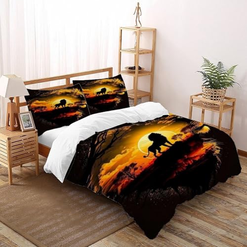 DICVXST 3D Löwen Silhouette Sonnenuntergang Bettwäsche Set Jugendliche Kind Band Bettwäsche 3er Set Mikrofaser Kissenbezüge Mit ReißVerschluss Soft King（220x240cm） von DICVXST