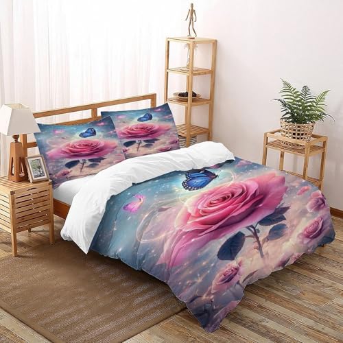DICVXST 3D Magische Rose und Schmetterlinge Bettwäsche-Sets Jugendliche Kind Band Bettwäsche 3er Set Modern Kissenbezüge Mit ReißVerschluss Soft King（220x240cm） von DICVXST
