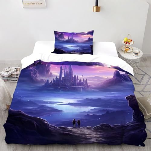DICVXST 3D Verzaubertes Schloss in Einer himmlischen Landschaft Bettwäsche Set Jugendliche Kind Band Bettwäsche 2er Set Microfaser Kissenbezüge Mit ReißVerschluss Soft Single（135x200cm） von DICVXST