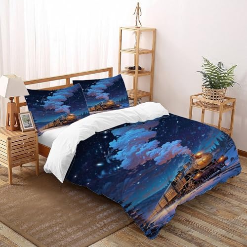 DICVXST 3D Winter Nachtzug Bettbezug Set Junge Mädchen Band Bettwäsche 3er Set Microfaser Kissenbezüge Mit ReißVerschluss Soft Double（200x200cm） von DICVXST