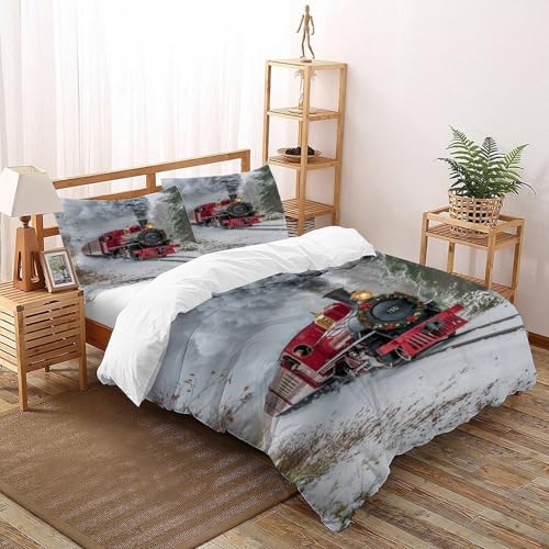 DICVXST 3D Winter Wunderland Zug Bettwäsche Set Junge Mädchen Band Bettwäsche 3er Set Mikrofaser Kissenbezüge Mit ReißVerschluss Soft Super King（260x220cm） von DICVXST