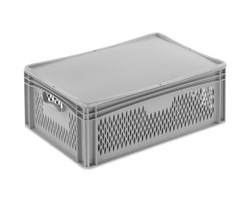 Aufbewahrungsbox mit Deckel | stabile Eurobox in 32 Ausführungen | Behälter für Garten, Haushalt, Lager oder Werkstatt – mit aufliegendem Deckel (Durchbrochen - mit Handgriff, 60x40x23,3 cm) von DIE BOX FABRIK