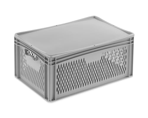 Aufbewahrungsbox mit Deckel | stabile Eurobox in 32 Ausführungen | Behälter für Garten, Haushalt, Lager oder Werkstatt – mit aufliegendem Deckel (Durchbrochen - mit Handgriff, 60x40x28,3 cm) von DIE BOX FABRIK
