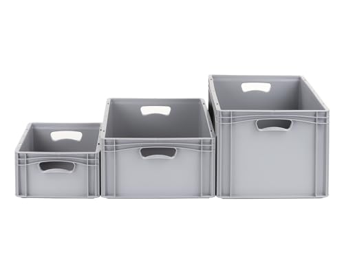 Eurobox 3-er Set | Aufbewahrungsbox | Ordnung schaffen mit Eurobehälter Set grau | Kiste mit offenen Handgriffen | Lagerung | Stapelbehälter | Transportbox | lebensmittelecht recycelbar | von DIE BOX FABRIK