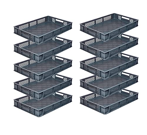 DIE BOX FABRIK Spar-Set 10x Eurobehälter/Bäckerkisten, Grundmaß 600x400x90 mm. Eurobox, Stapelkorb stapelbar aus Kunststoff in TOP-Qualität - Made in Germany (braun) von DIE BOX FABRIK