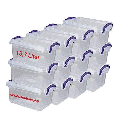 DIES&DAS 12er Set stapelbare Aufbewahrunsboxen Lagerboxen mit Deckel/Klickverschluss u. Griffen - 13,7 L Lebensmittelecht von DIES&DAS