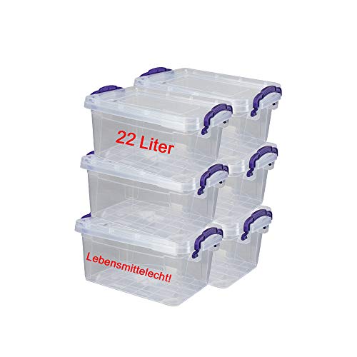 DIES&DAS 6er Set stapelbare Aufbewahrunsboxen Lagerboxen mit Deckel/Klickverschluss u. Griffen - 22 L Lebensmittelecht von DIES&DAS