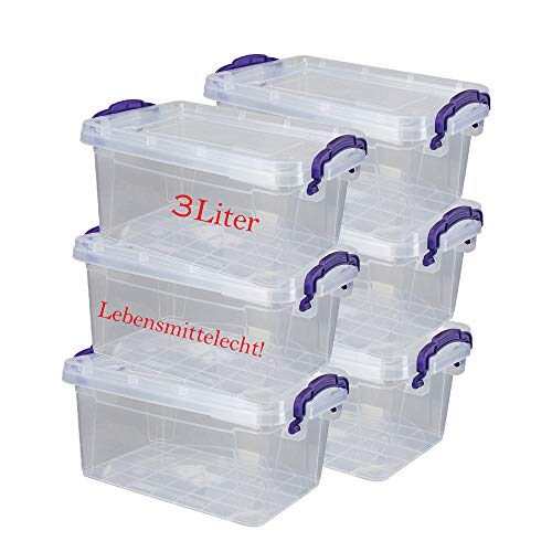 DIES&DAS 6er Set stapelbare Aufbewahrunsboxen Lagerboxen mit Deckel/Klickverschluss u. Griffen - 3 L Lebensmittelecht von DIES&DAS