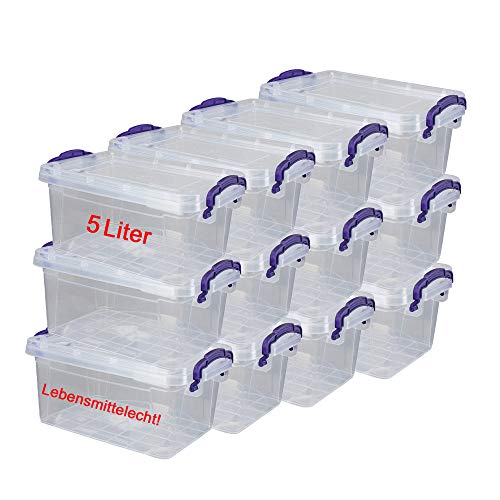 DIES&DAS Stapelbare Aufbewahrungsbox Lagerbox mit Deckel und Griffen, 12 Stück, je 5 Liter, 13,5 x 31 x 20 cm, Lebensmittelechtlecht von DIES&DAS