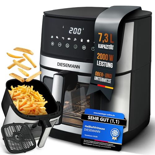 Heißluftfritteuse XXL 7,3L - 2000W Airfryer mit 2 Heizelementen (Ober- & Unterhitze), Sichtfenster & 8 Programmen - fettarm frittieren & knusprig genießen | Luftfritteuse, Air Fryer | DIESEMANN® von DIESEMANN
