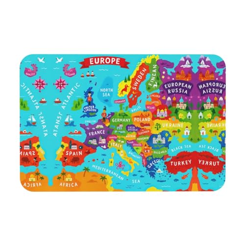 Bunte Europakarte mit Symboldruck, 39,9 x 60,9 cm, Kieselgur-Matte, Herbstmatte, weiche Bodenmatte, Duschkissen, rutschfeste Gummi-Rückseite von DIEzig