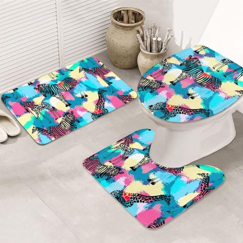 DIEzig Badteppich-Set mit buntem Zebradruck, Flanell, rutschfest, für Badezimmer, Gäste-Suite, enthält drei Formen von DIEzig