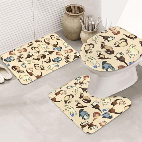 DIEzig Badteppich-Set mit haarigem Frettchen-Druck, Flanell, rutschfest, für Badezimmer, Gäste-Suite, enthält drei Formen von DIEzig