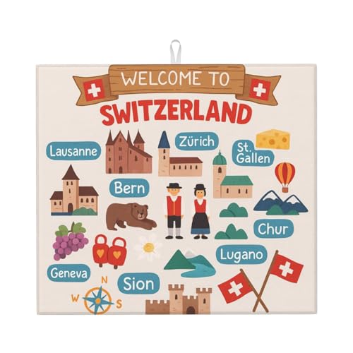 Welcome to Switzerland Travel Printing Cute Drying Mat for Kitchen Aesthetic Absorbent Drainer Mat Kitchen Drying Mat Easy to Clean von DIEzig