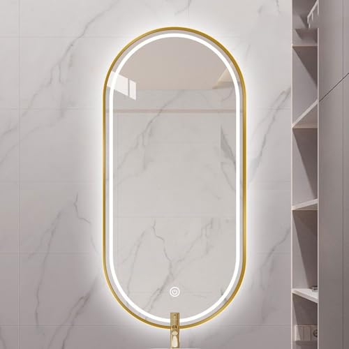 DIFHHD LED Wandspiegel Oval Mit Beleuchtetem Touchscreen, Beleuchteter Spiegel Mit Rahmen, Dreifarbiges Licht + Stufenlos Dimmbar (Color : Gold, Size : 40 * 60CM) von DIFHHD