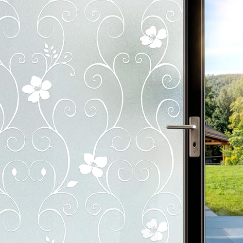 DIFIT Fensterfolie Blickdicht, Sichtschutzfolie Fenster Milchglasfolie, Anti-UV fensterfolie klebefolie Fenster sichtschutz, glasfolie selbstklebend Für Fenster Büro Bad(44.3 x 200 cm Weiß Blume) von DIFIT