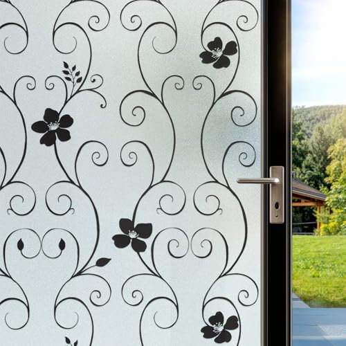 DIFIT Fensterfolie Blickdicht Sichtschutzfolie Fenster Blumenmuster 60x200cm, Milchglasfolie Selbstklebend Fenster Statisch Haftend Dekoration Anti UV Klebefolie Fenster für Zuhause, Schwarze Blume von DIFIT