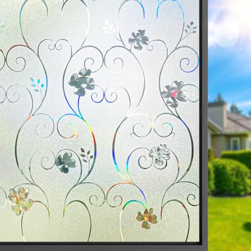 DIFIT Fensterfolie Blickdicht Sichtschutzfolie Fenster 3D Regenbogen Folie Fenster Blumenmuster Dekoration Statisch Haftend Selbsthaftende Anti UV Milchglasfolie für Zuhause, 60x200cm von DIFIT