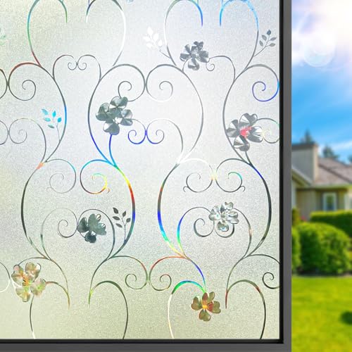 DIFIT Fensterfolie Blickdicht Sichtschutzfolie Fenster 3D Regenbogen Folie Fenster Blumenmuster Dekoration Statisch Haftend Selbsthaftende Anti UV Milchglasfolie für Zuhause, 90x200cm von DIFIT