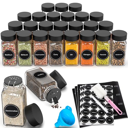 DIFULI 24 Gewürzgläser Eckig Set mit Deckel, 120ml Gewürzdosen mit 340 Etiketten, Gewürzstreuer Spice Jars Gewürzbehälter mit Trichter mit Streueinsatz,Leeren Aufklebern, Sieben, Organizer Küche von DIFULI