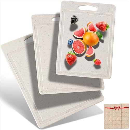DIFULI Schneidebrett Set 3-teilig Granitoptik, 100% Rutschfeste Aufkleber und Saftkanal, BPA-Free, mit Griff Schneidebretter Kunststoff Antibakteriell, Spülmaschinenfestes, Küchenzubehör（Stroh) von DIFULI