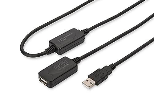 DIGITUS Aktives USB 2.0 Verlängerungskabel, Repeaterkabel, 20 m Länge, USB A Stecker auf USB A Buchse, Plug & Play, Stromversorgung über USB, Schwarz von DIGITUS